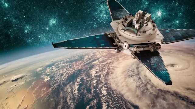 Animation of a weather satellite monitoring a massive hurricane from space. Orbital science probe tracking a tropical storm cyclone on planet Earth surface.