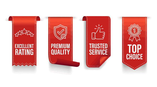 Excellent Rating, Premium Quality, Trusted Service, Top Choice Red Ribbons with Icons and Text