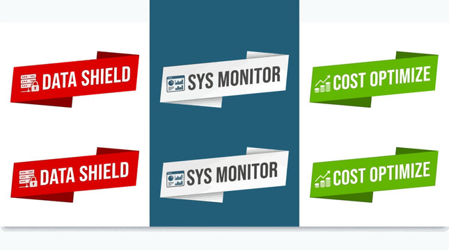 Vector illustration of modern business technology concepts ensuring data protection, proactive system monitoring, and strategic cost optimization for efficiency