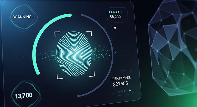Facial recognition scanning interface displaying a digital face scan with progress indicators and geometric data points.