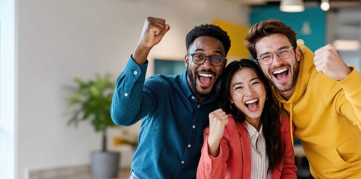 Generative AI, ecstatic creative team cheering and celebrating a business win