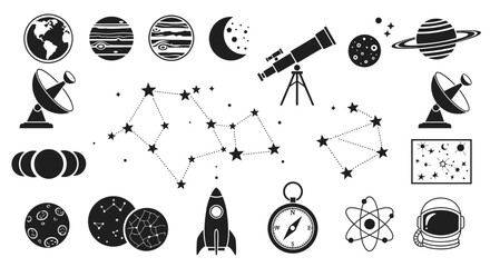 Collection of space and astronomy related vector icons and symbols. © Kas