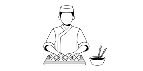 Sushi chef making rolls with chopsticks and soy sauce dish © Badhon_Art Gallery