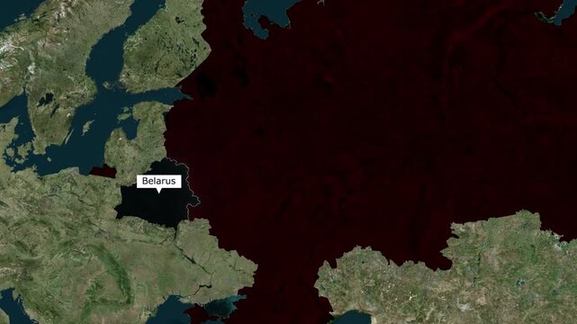 Satellite map animation of the strategic border between Belarus and Russia highlighting the Union State alliance and Eastern European geopolitics for news broadcast