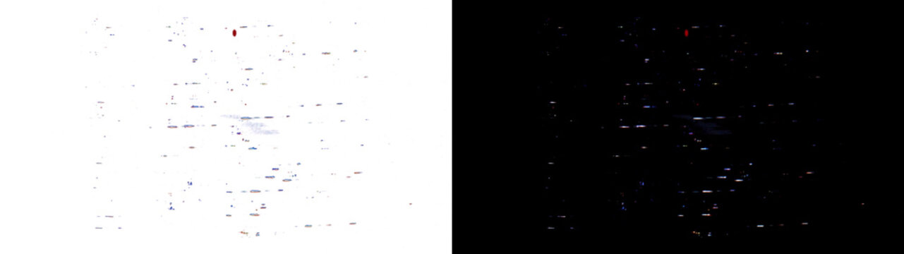 Scattered digital pixel artifacts isolated on transparent background for data error