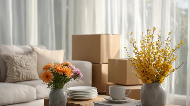 Cozy living room setting with fresh flower vases and packed moving boxes