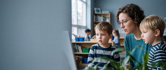 Obraz premium Teacher and children using computer in classroom, curious kindergarten students looking at screen with female tutor, modern STEM classroom education, digital literacy and early childhood learning.