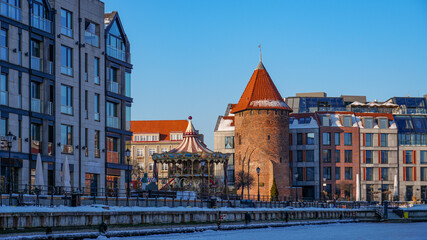 Historic Gdańsk Waterfront with Old Architecture, Decorative Facades and Ship View © uladzimir