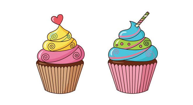 Two delicious and colorful cupcakes with swirled frosting one yellow with a heart and one blue with a straw on white.