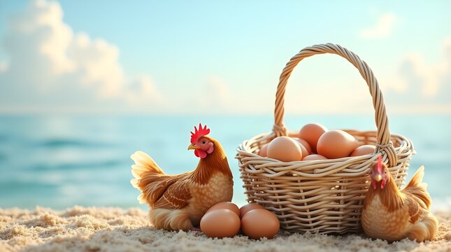 Chickens and basket of fresh eggs on beach
