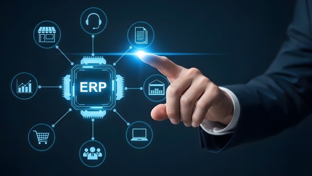 Businessman interacting with a digital erp system interface on a screen.