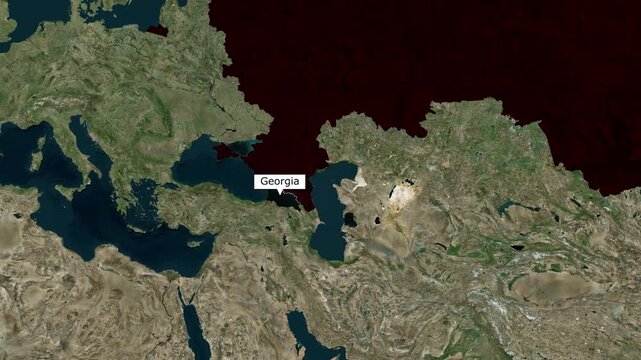 Satellite map animation of the strategic border between Russia and Georgia highlighting the Caucasus mountains and Black Sea geopolitics for news