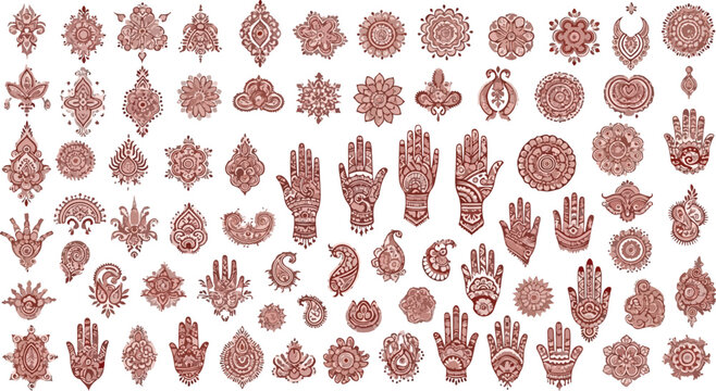 Henna tattoo design elements, 75 brown mehndi icons and hamsa hand symbols, indian mandala vector set for wedding and yoga decor