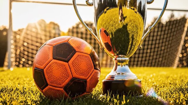 Orange soccer ball and silver championship trophy on grass field at sunset