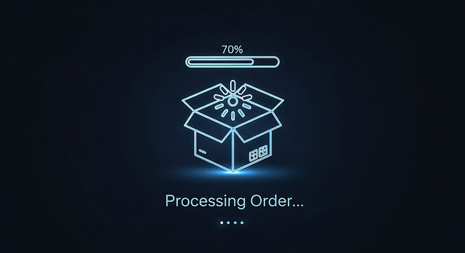 Digital illustration of a processing order with a loading bar and open box icon.