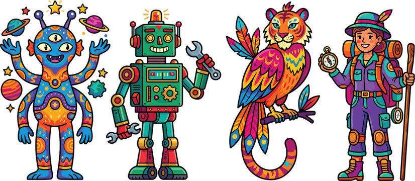Vibrant psychedelic vector sticker illustration set featuring multi-armed space alien, retro mechanic robot, colorful mythical tiger bird, and jungle explorer traveler,