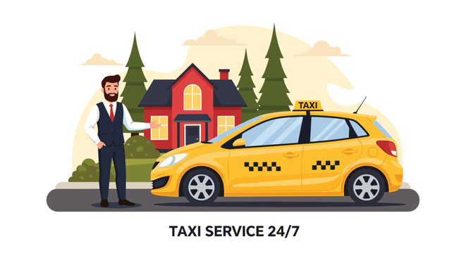 Professional taxi service banner featuring a yellow car and a driver standing in front of a red suburban house with pine trees.