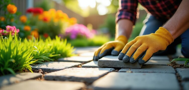 Man installs stone paving path in backyard garden. Gardener lays concrete slabs on ground for walkway. Worker uses gloves, builds patio walkway.