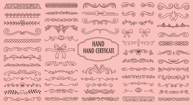 Massive collection of hand drawn decorative borders, dividers, flourishes, and curls for certificates and ornamental designs.