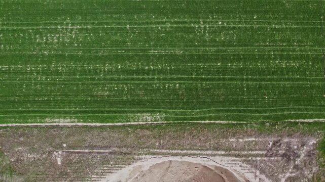 Drone footage showing a large circular sinkhole surrounded by green farmland. Natural ground collapse, karst terrain, geological formation, rural fields, and landscape captured from above.