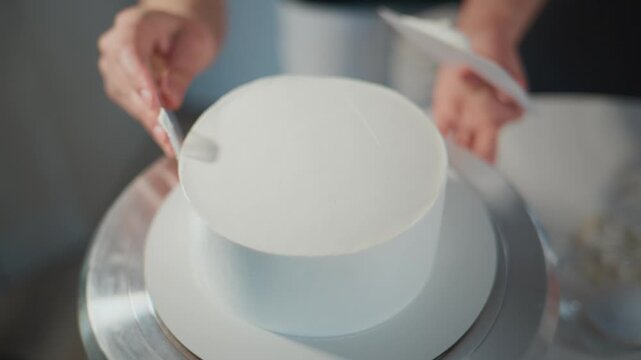 Hands carefully smooth white fondant on a cake. Cake spins slowly on a turntable. Focus on precise decorating technique. Ideal for baking, confectionery, or culinary tutorials