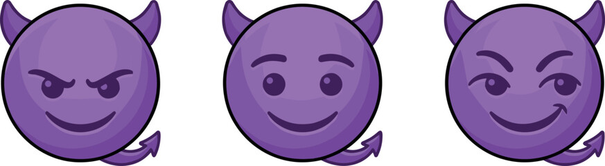 Naklejka premium Set of Three Purple Devil Emoticons with Horns and Tails Featuring Evil Grins and Happy Facial Expressions for Halloween Fantasy and Gaming App Designs