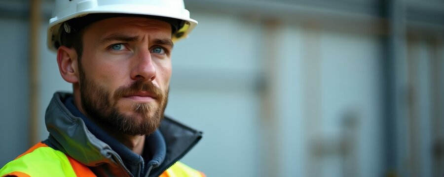 Construction worker with beard wears white hard hat and hi vis vest. Man looks ahead with serious expression in building site zone. Ready for work, safety gear