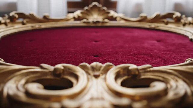 Ornate gold picture frame with red velvet lining lying flat on a wooden table in soft light