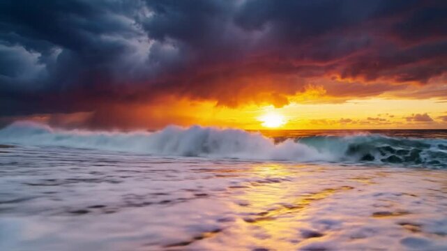 Epic sunrise over ocean waves crashing onto sandy beach with dramatic sky filled with dark storm clouds