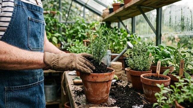 Gardener planting a rosemary herb in a terracotta pot inside a greenhouse