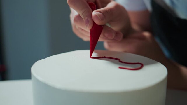 Hand carefully draws red piping on white cake top. Detailed close-up of decorating process. Person focused and precise in action. Ideal for baking, celebration, or food-related content