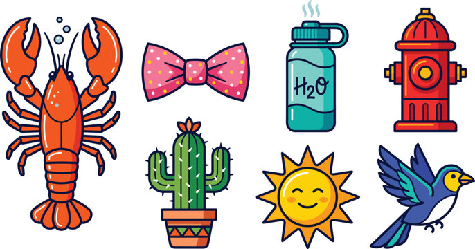 Vibrant vector sticker illustration set featuring marine lobster, pink polka dot bow tie, water bottle, red fire hydrant, potted cactus plant, smiling sun, blue bird flying,