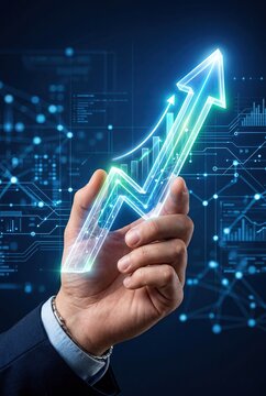 Hand holding rising arrow graph symbolizing business growth success
