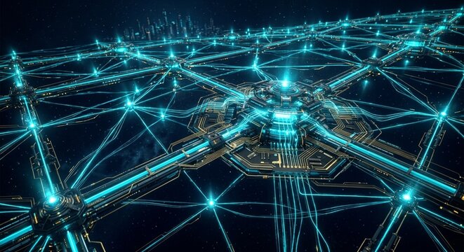 Futuristic-smart-energy-grid-electric-cyan-light-nodes-navy-blue-tech-background-gold-circuit-lines-hightech-sustainable-power-concept.jpg.jpg concept art for commercial microstock design, high qualit