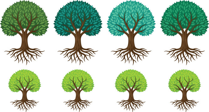 Green tree with roots collection set with organic ecology nature life concept elements vector layout.