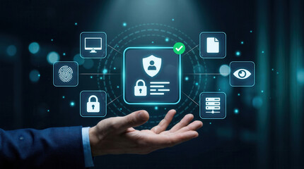 Fototapeta premium Digital security concepts show a hand reaching out with data protection symbols in a dark background with glowing elements interacting in real time
