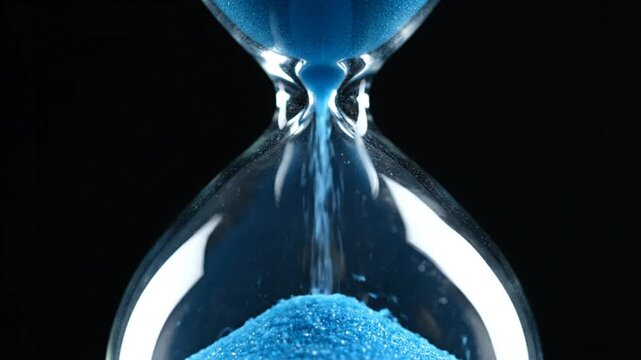 Close-up of a glass hourglass with blue sand flowing, symbolizing the passage of time against a black background