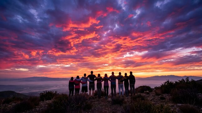 Silhouette of a group of diverse people with arms around each other's shoulders, standing together on a hilltop, wide cinematic shot, set against a massive dramatic sky bursting with vivid magenta.
