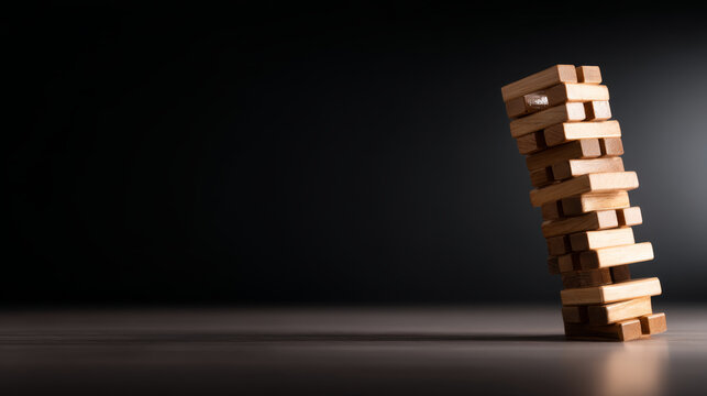Leaning tower of wooden blocks on dark background, balance and risk concept, wood game pieces stacked precariously, tension and suspense in play