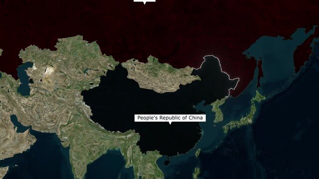 Satellite map animation of the massive border between Russia and Peoples Republic of China highlighting Eurasian geopolitics and superpower relations for news