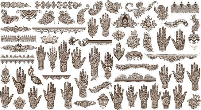 Henna tattoo vector set, traditional mehndi hand designs and floral paisley patterns, ethnic indian body art elements for wedding and spa