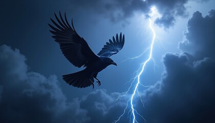 Naklejka premium Black raven flies through stormy sky with bright lightning strike. Dark clouds gather overhead. Bird soars powerfully above thunderous weather.