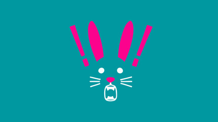 Fototapeta premium Energetic cartoon bunny rabbit face with vibrant pink ears, sharp fangs, and exclamation marks on a bright teal background, vector art.