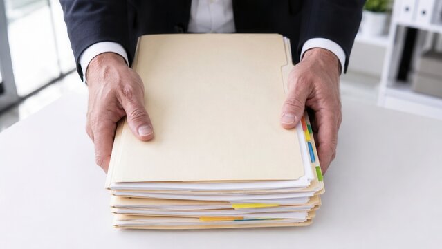 Person holds a stack of file folders while standing at a desk in an office setting during working hours