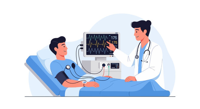 Doctor monitoring patient's vital signs on ECG machine in hospital