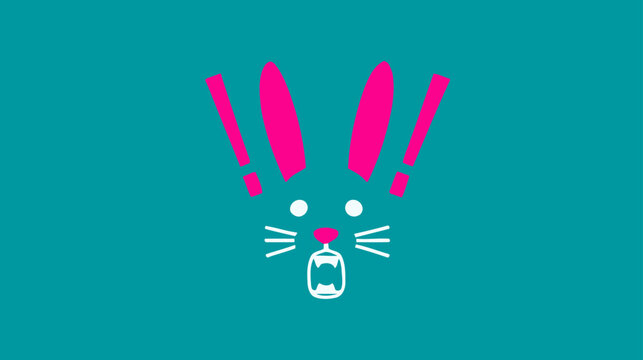 Energetic cartoon bunny rabbit face with vibrant pink ears, sharp fangs, and exclamation marks on a bright teal background, vector art.