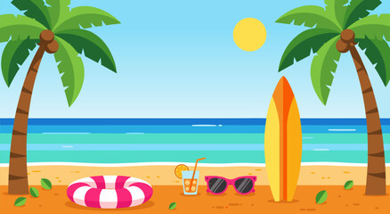 A vibrant and colorful flat vector illustration of a tropical beach scene with a surfboard, sunglasses, and palm trees, perfect for summer and travel themes © PDWN Creative