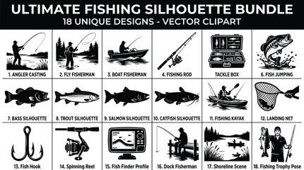 Obraz premium Ultimate Fishing Silhouette Bundle with Anglers Fish Species Tackle Gear Kayak and Outdoor Fishing Elements