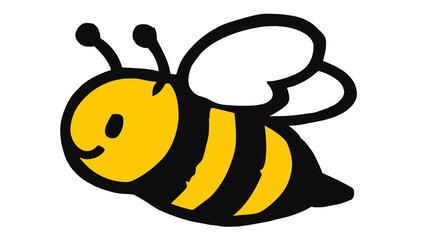 Fototapeta premium Happy flying cartoon bee illustration with cheerful smile, yellow and black stripes, and simple design, isolated on white background.