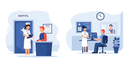 Naklejka premium Nurses assist patients at hospital reception and computer desk